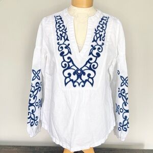 Lascana Embroidered Long Sleeve Blouse White & Blue Size 6